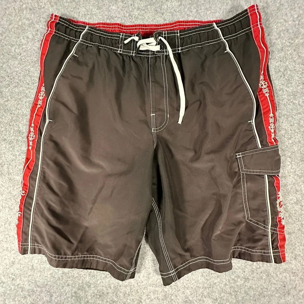 Speedo Board Shorts XL Brown Mens Cargo Pocket Swim Trunks Red Tribal Stripes